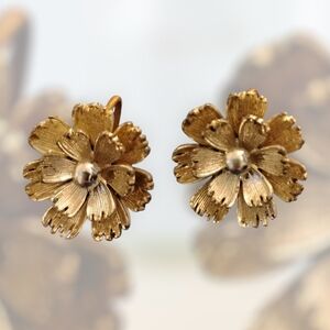 VINTAGE Bold Gold Floral Clip On Earrings | Large Textured 3D Flower Studs